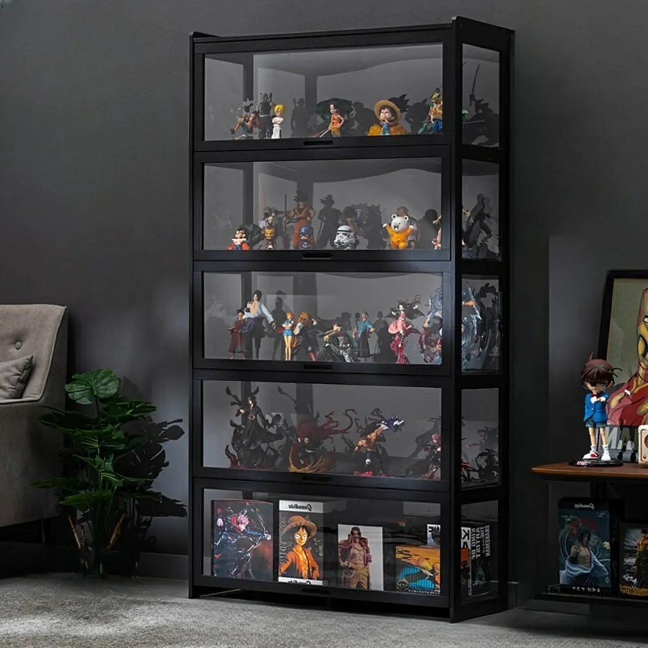 Modern Black Bamboo Glass Display Cabinet with Flip-up Door Image - 5 | homeyfad