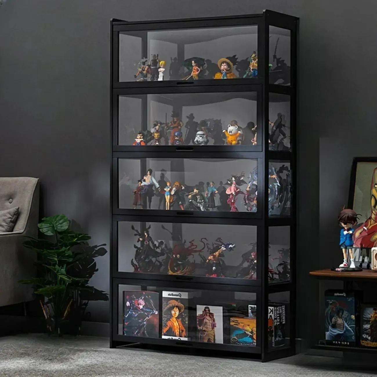 Modern Black Bamboo Glass Display Cabinet with Flip-up Door Image - 5