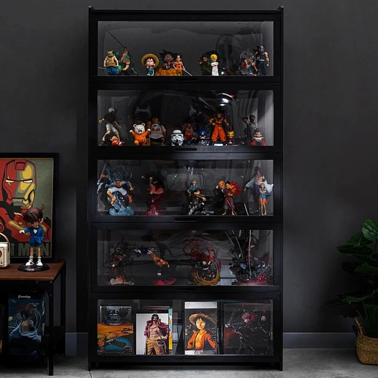 Modern Black Bamboo Glass Display Cabinet with Flip-up Door Image - 6 | homeyfad