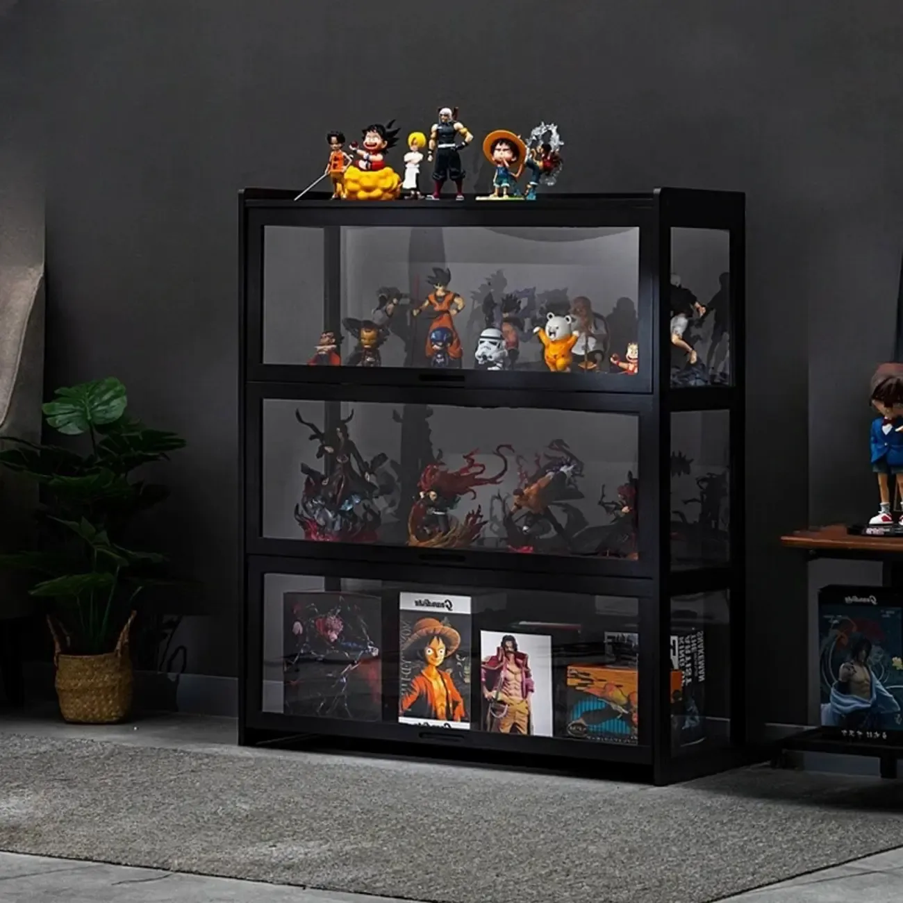 Modern Black Bamboo Glass Display Cabinet with Flip-up Door Image - 7