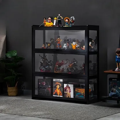 Modern Black Bamboo Glass Display Cabinet with Flip-up Door Image - 7