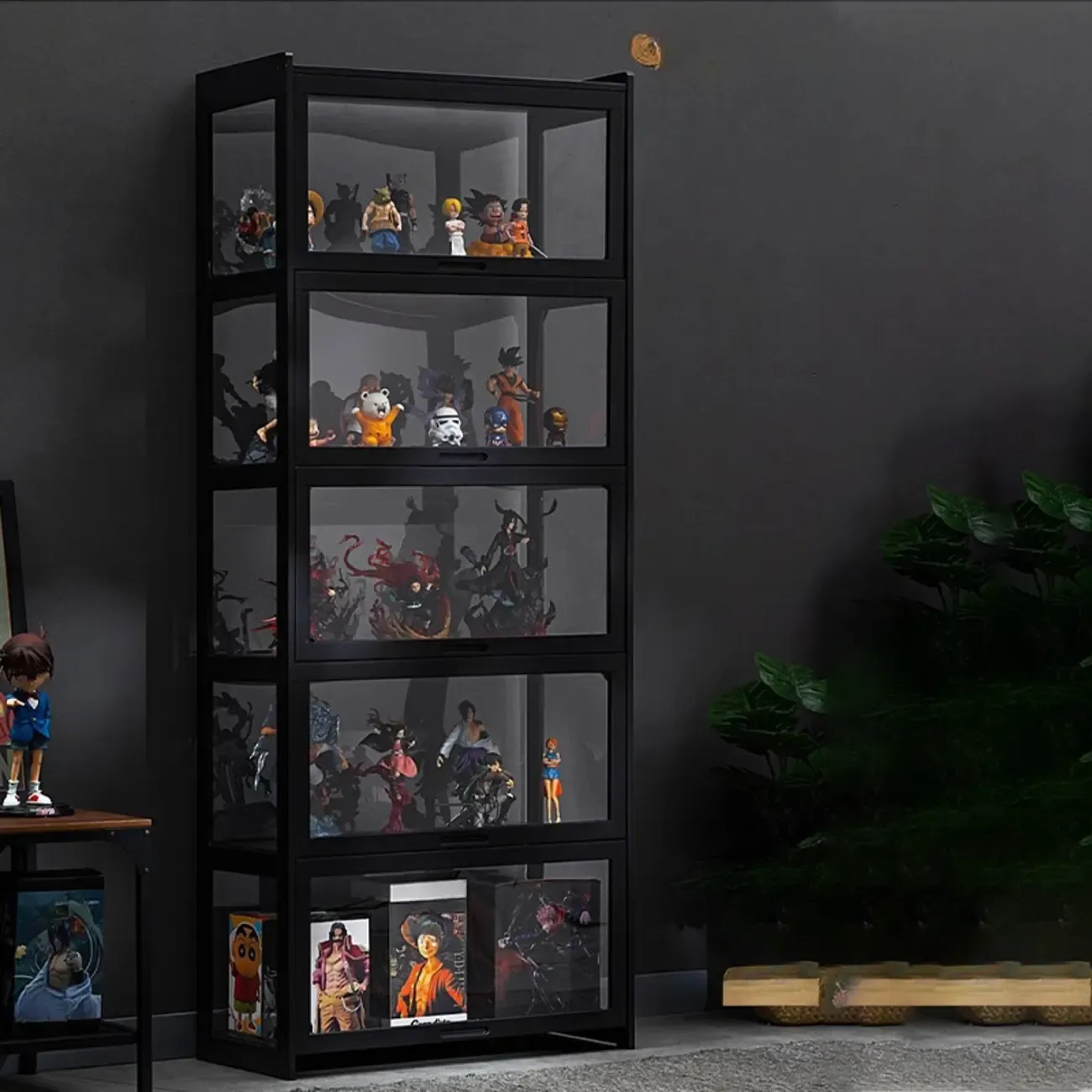 Modern Black Bamboo Glass Display Cabinet with Flip-up Door Image - 8