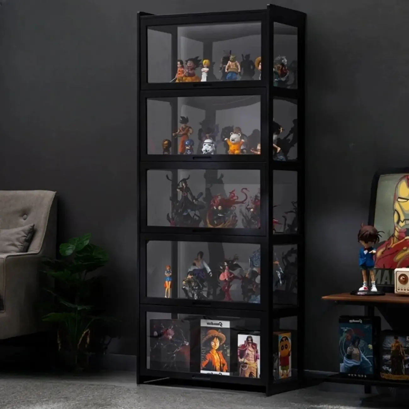 Modern Black Bamboo Glass Display Cabinet with Flip-up Door Image - 9