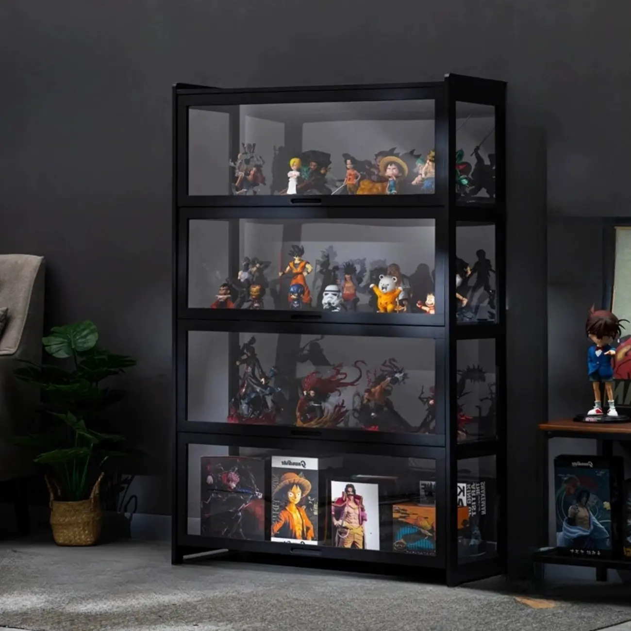 Modern Black Bamboo Glass Display Cabinet with Flip-up Door Image - 11 | homeyfad