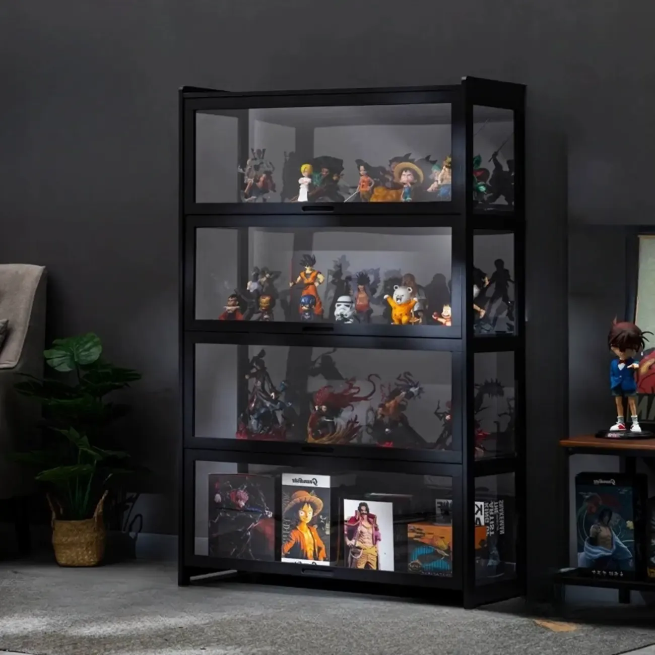 Modern Black Bamboo Glass Display Cabinet with Flip-up Door | HomeyFad