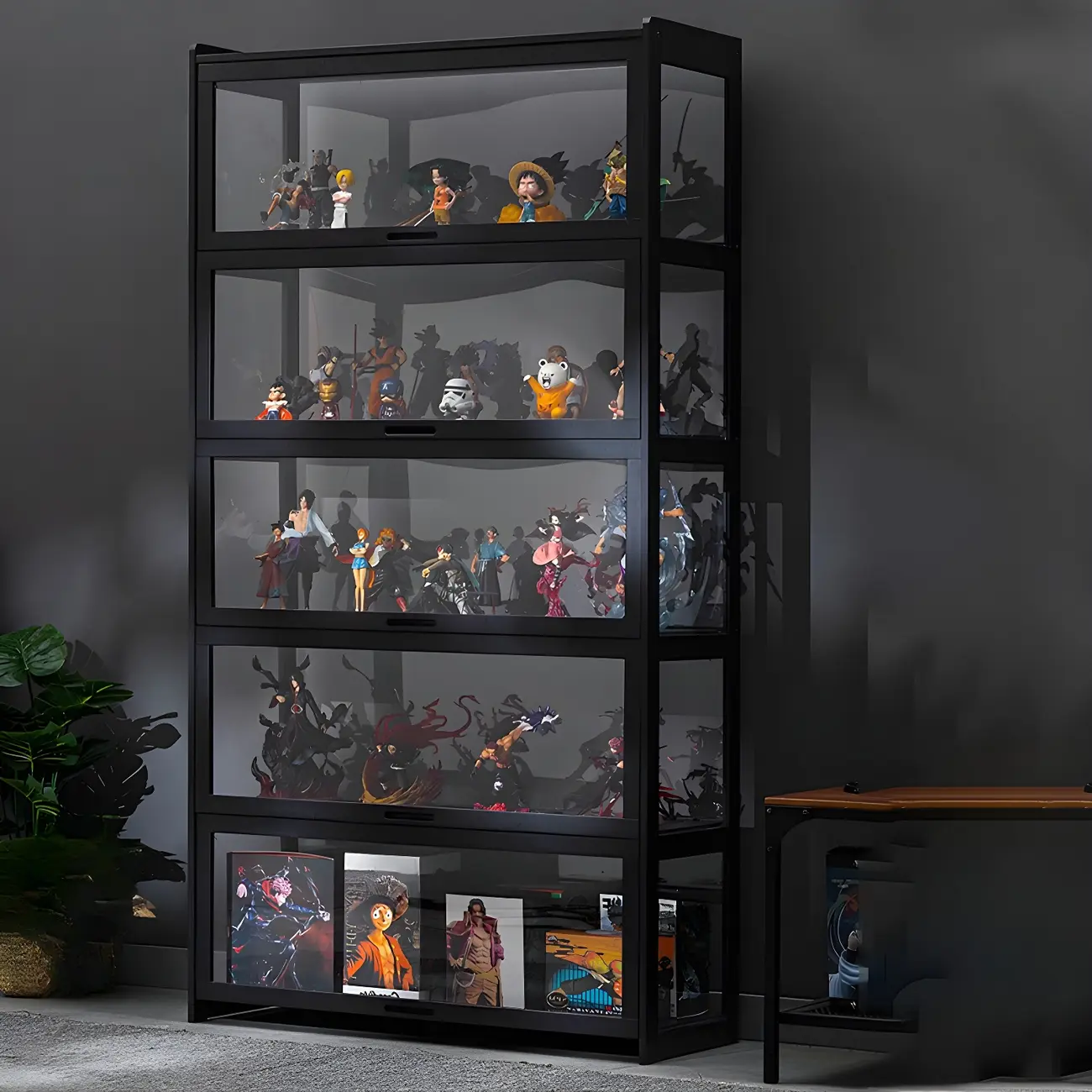 Modern Black Bamboo Glass Display Cabinet with Flip-up Door Image - 16 | homeyfad