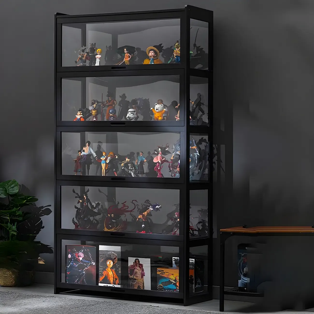 Modern Black Bamboo Glass Display Cabinet with Flip-up Door Image - 16