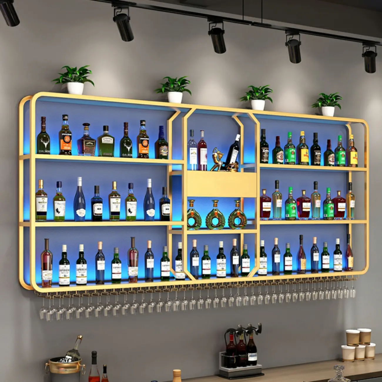 Gold Metal Floating Mount Wine Rack with Light Image - 1 | homeyfad