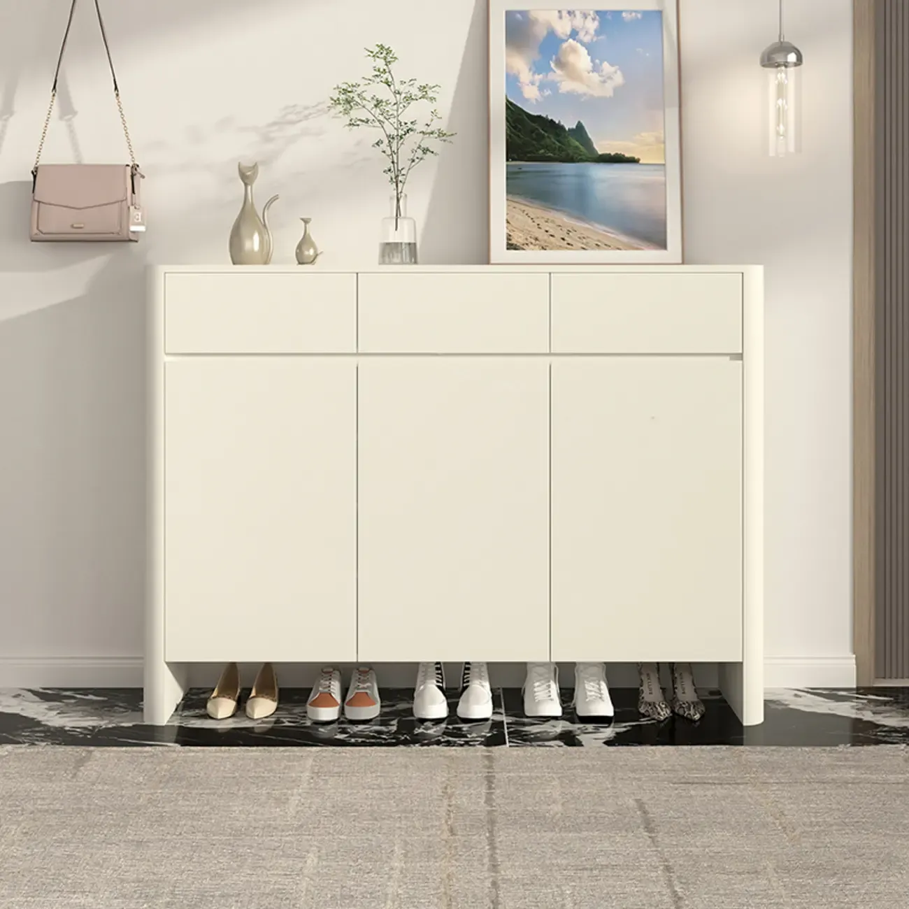 Scandinavian White Wood Entryway Shoe Cabinet Image - 1