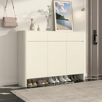 Scandinavian White Wood Entryway Shoe Cabinet Image - 2