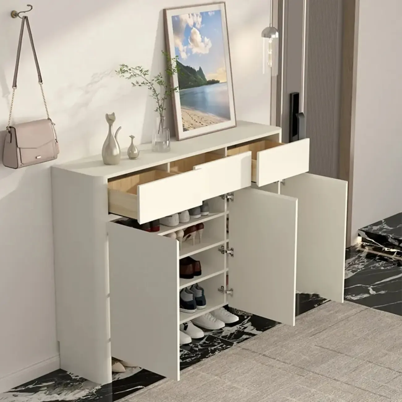 Scandinavian White Wood Entryway Shoe Cabinet Image - 3