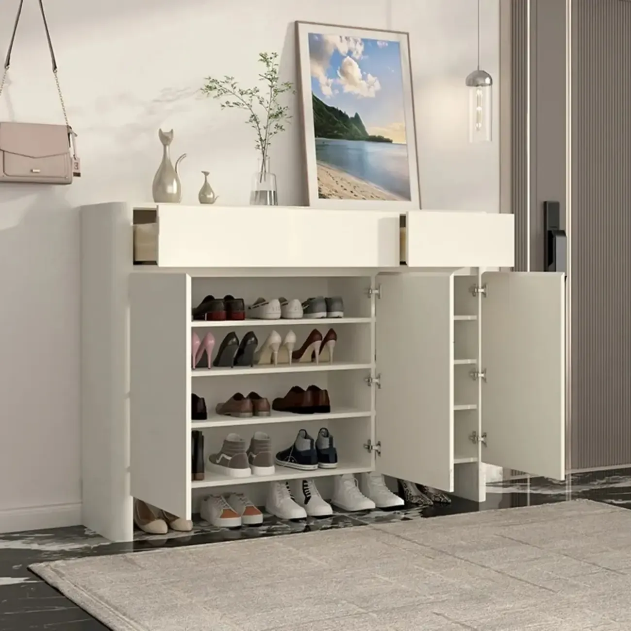 Scandinavian White Wood Entryway Shoe Cabinet Image - 4