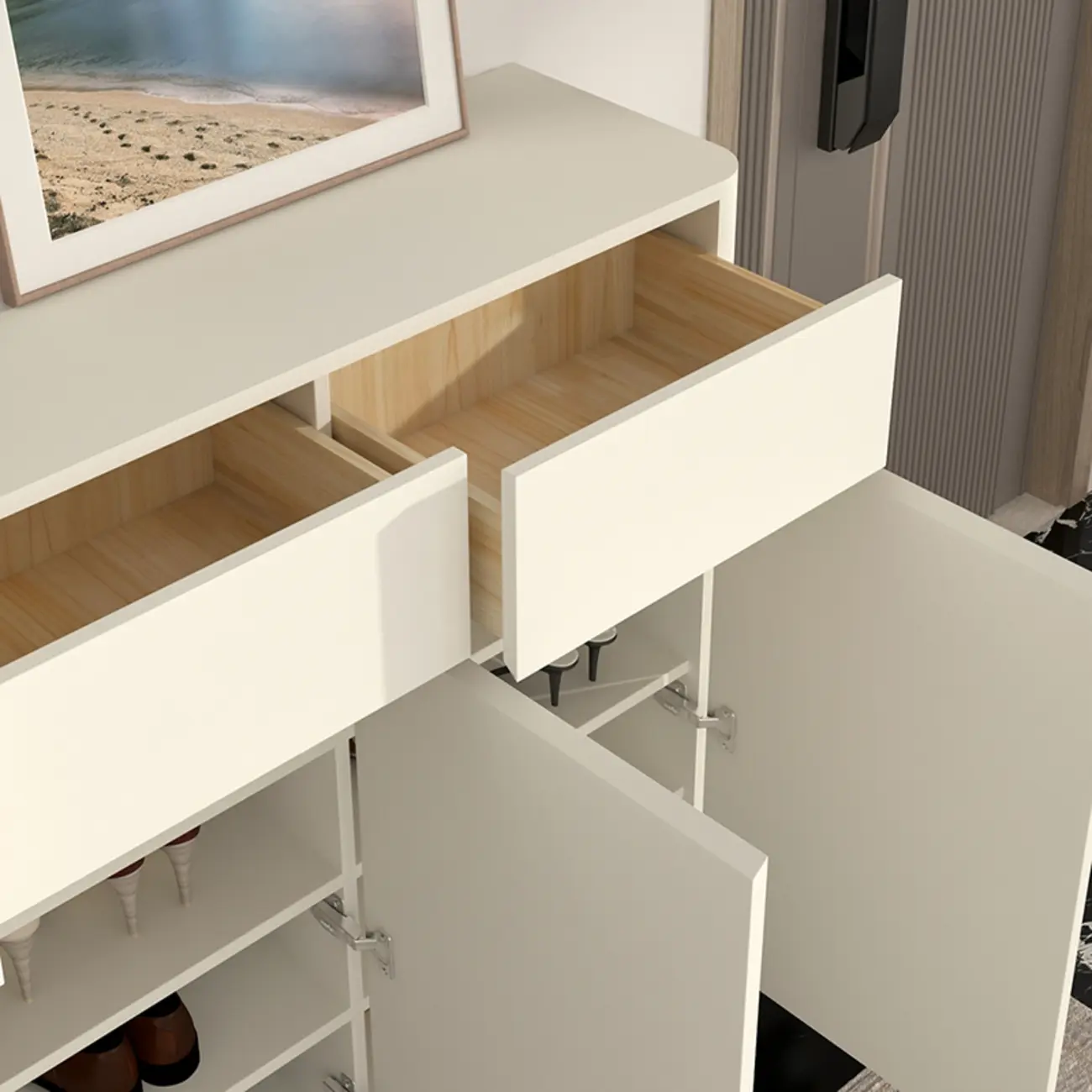 Scandinavian White Wood Entryway Shoe Cabinet Image - 6 | homeyfad