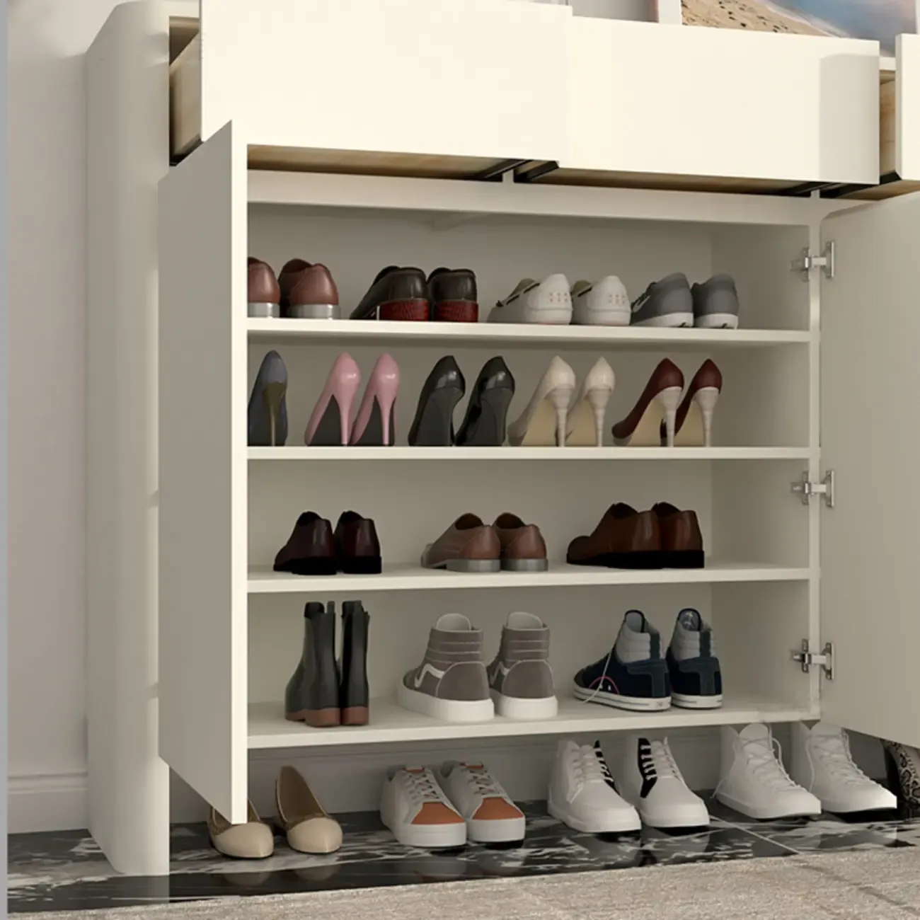 Scandinavian White Wood Entryway Shoe Cabinet Image - 10