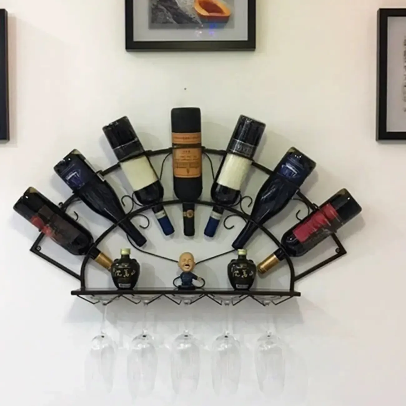 Simple Metal Black Fan-shaped Wall Wine Rack Image - 2