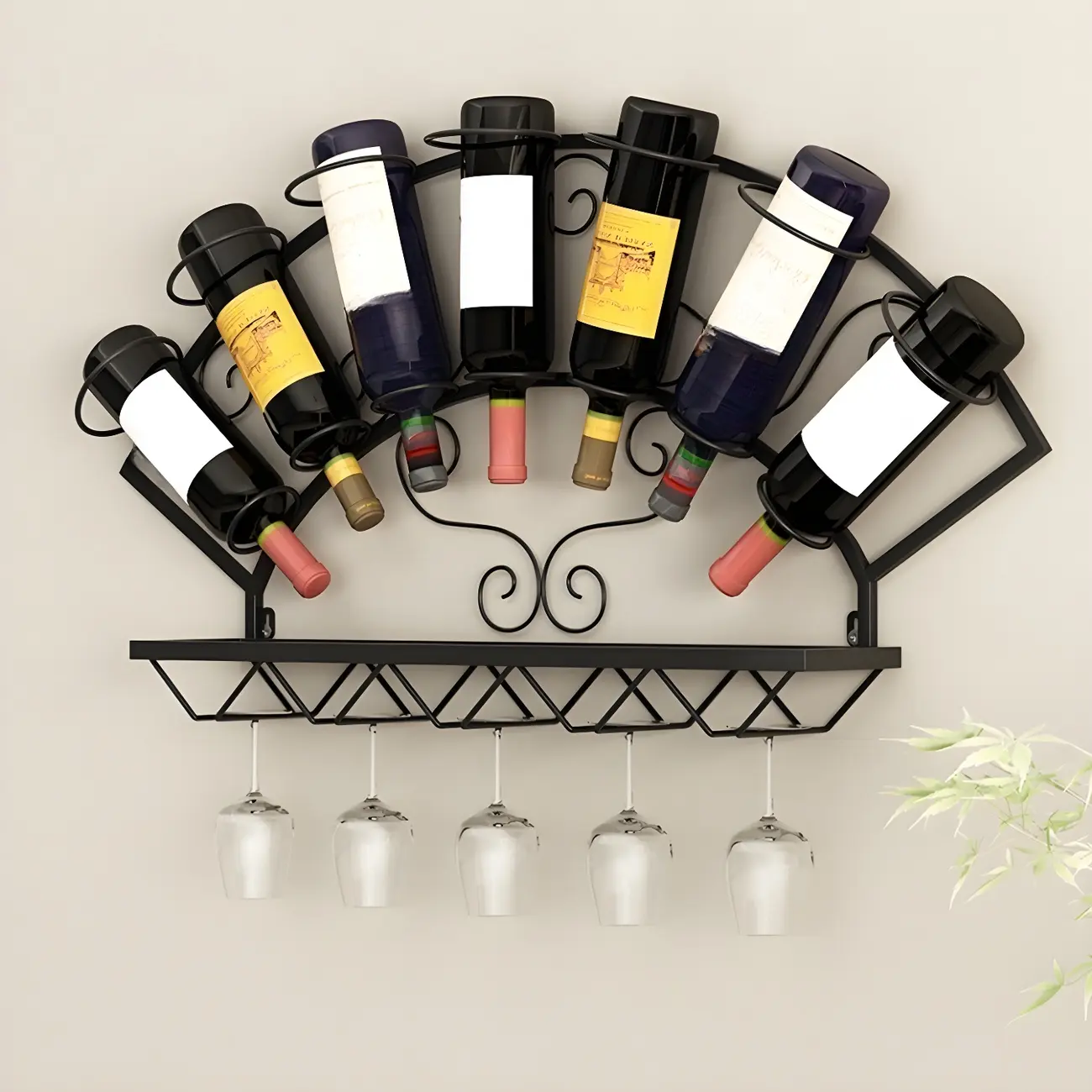 Simple Metal Black Fan-shaped Wall Wine Rack Image - 7 | homeyfad