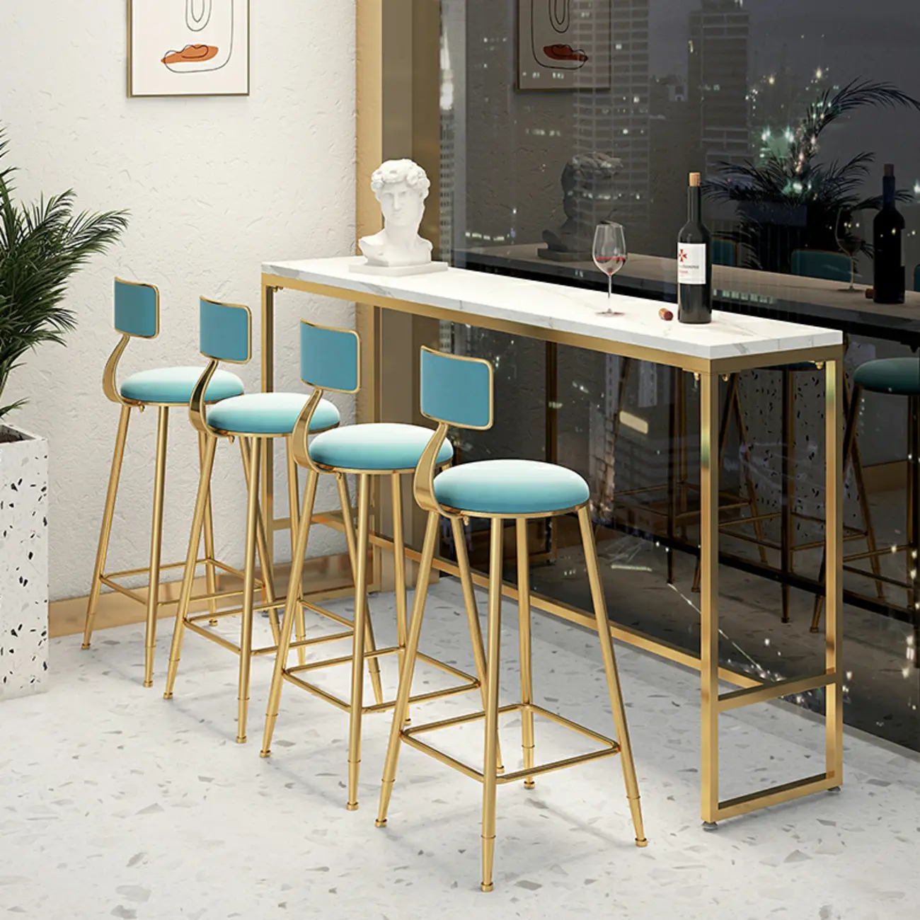 Glam White Marble Gold Iron Trestle Footrest Bar Tables Image - 1 | homeyfad