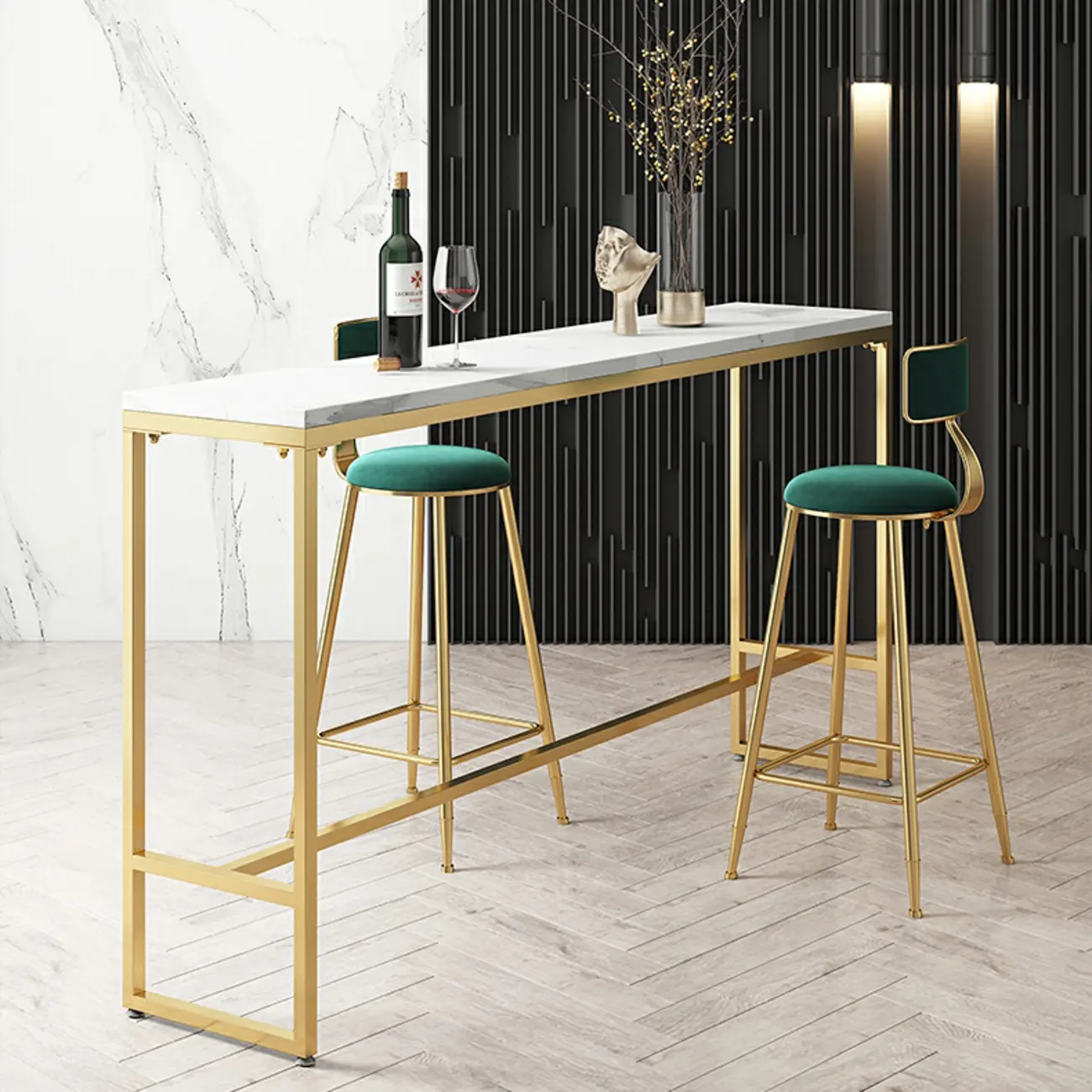 Glam White Marble Gold Iron Trestle Footrest Bar Tables Image - 3 | homeyfad