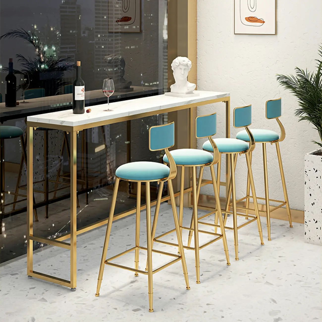 Glam White Marble Gold Iron Trestle Footrest Bar Tables Image - 4 | homeyfad