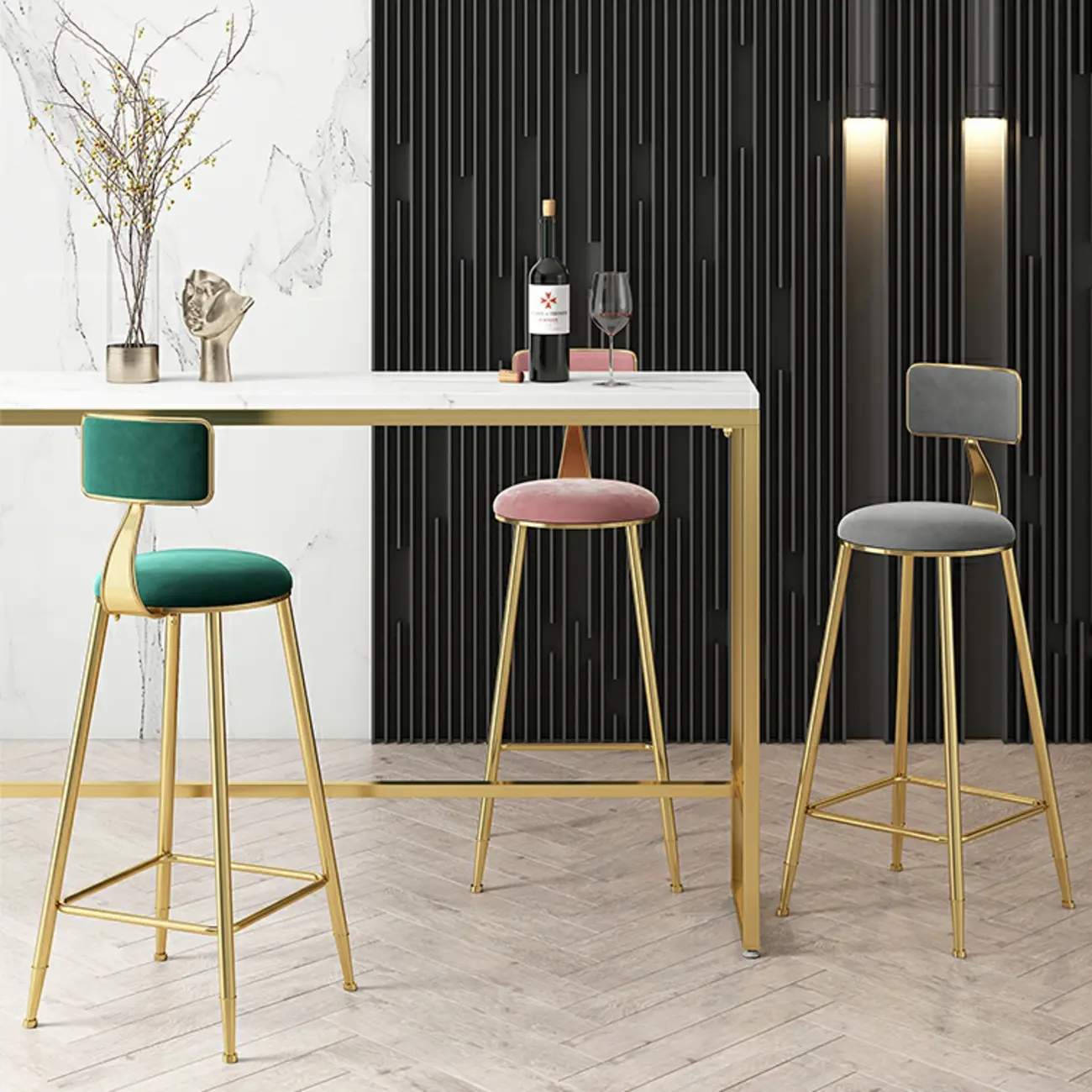 Glam White Marble Gold Iron Trestle Footrest Bar Tables Image - 7 | homeyfad