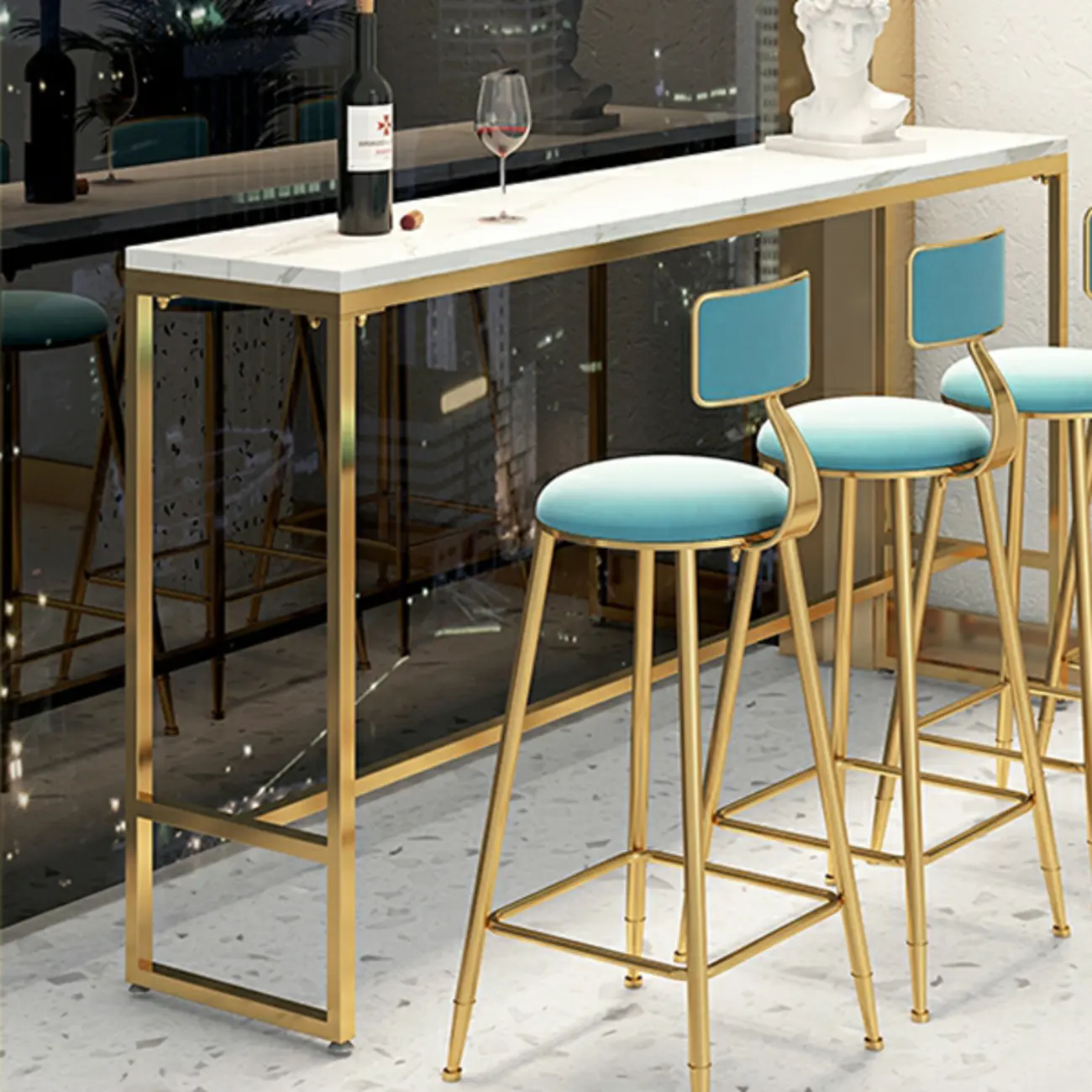 Glam White Marble Gold Iron Trestle Footrest Bar Tables Image - 8 | homeyfad
