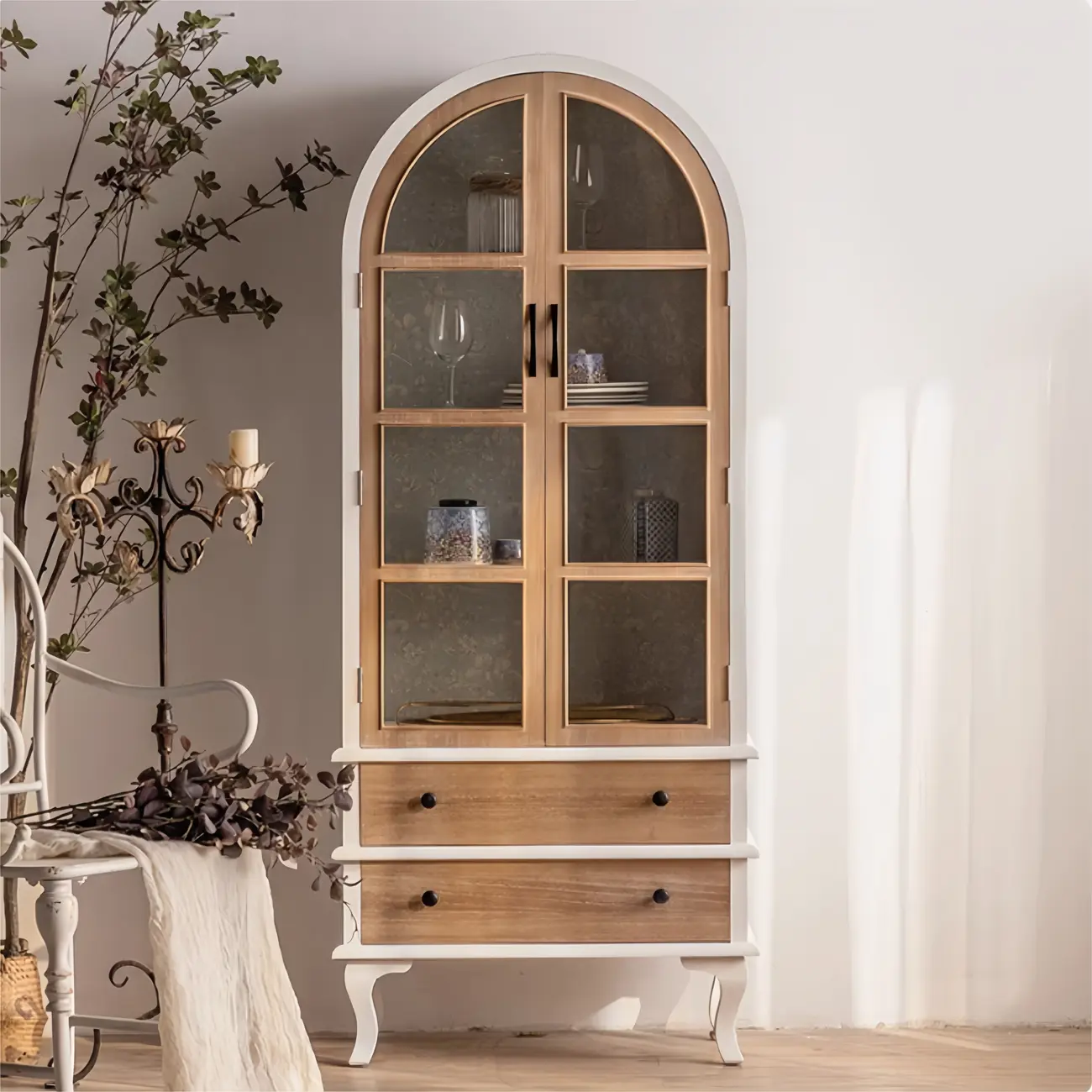 Arched Light Wood Glass Door Display Cabinet with Drawers Image - 16 | homeyfad