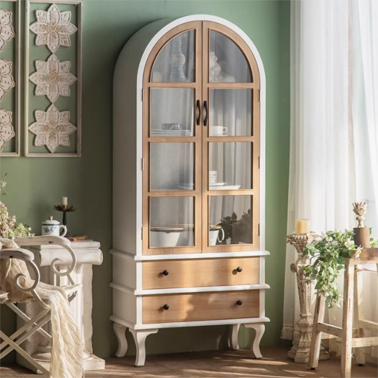 Arched Light Wood Glass Door Display Cabinet with Drawers Image - 3 | homeyfad