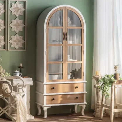 Arched Light Wood Glass Door Display Cabinet with Drawers Image - 3