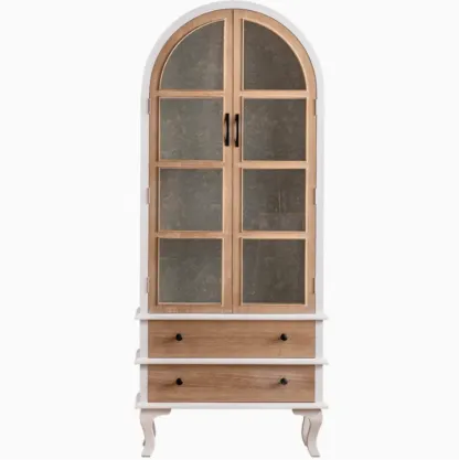 Arched Light Wood Glass Door Display Cabinet with Drawers Image - 9