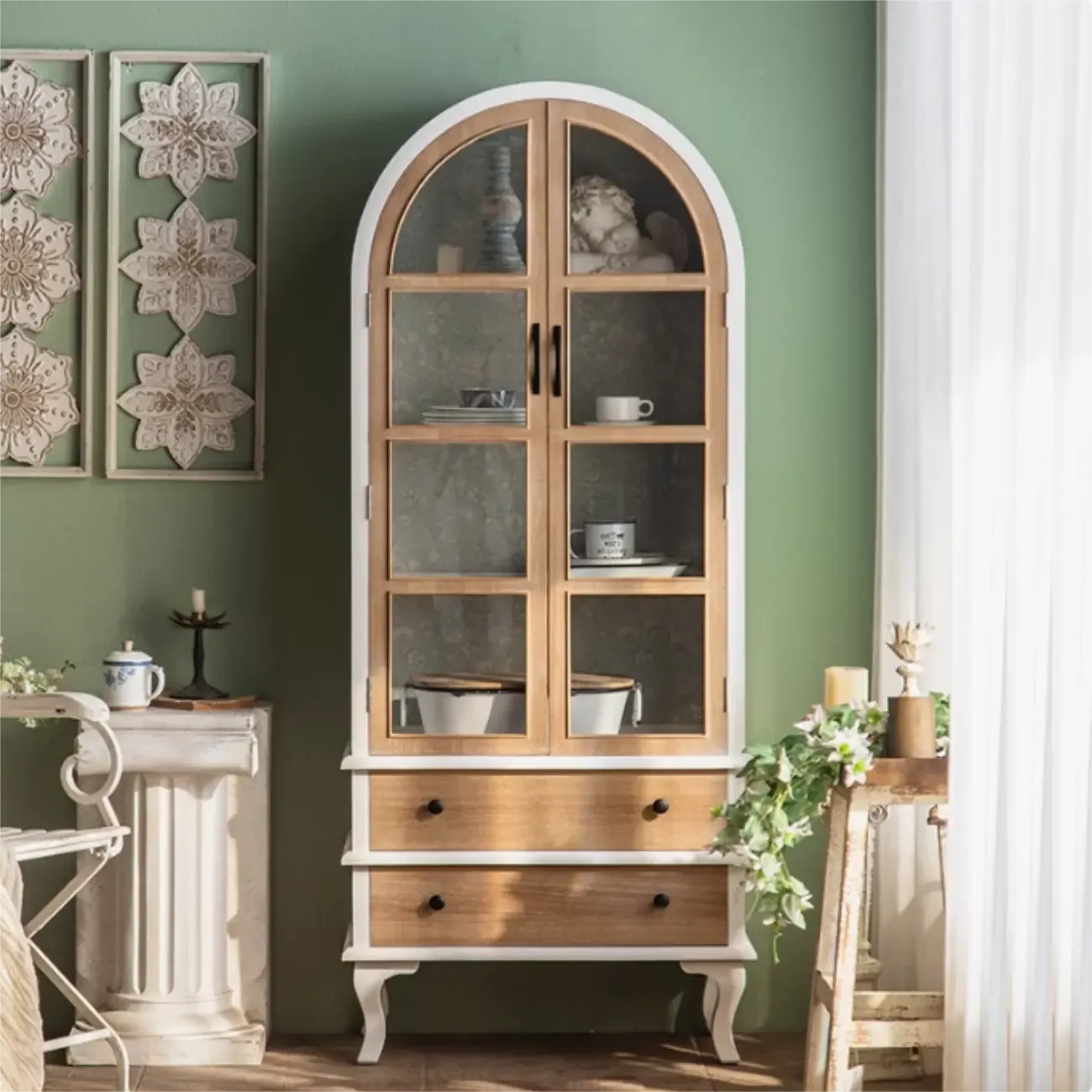 Arched Light Wood Glass Door Display Cabinet with Drawers Image - 2