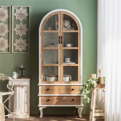 Arched Light Wood Glass Door Display Cabinet with Drawers Image - 2