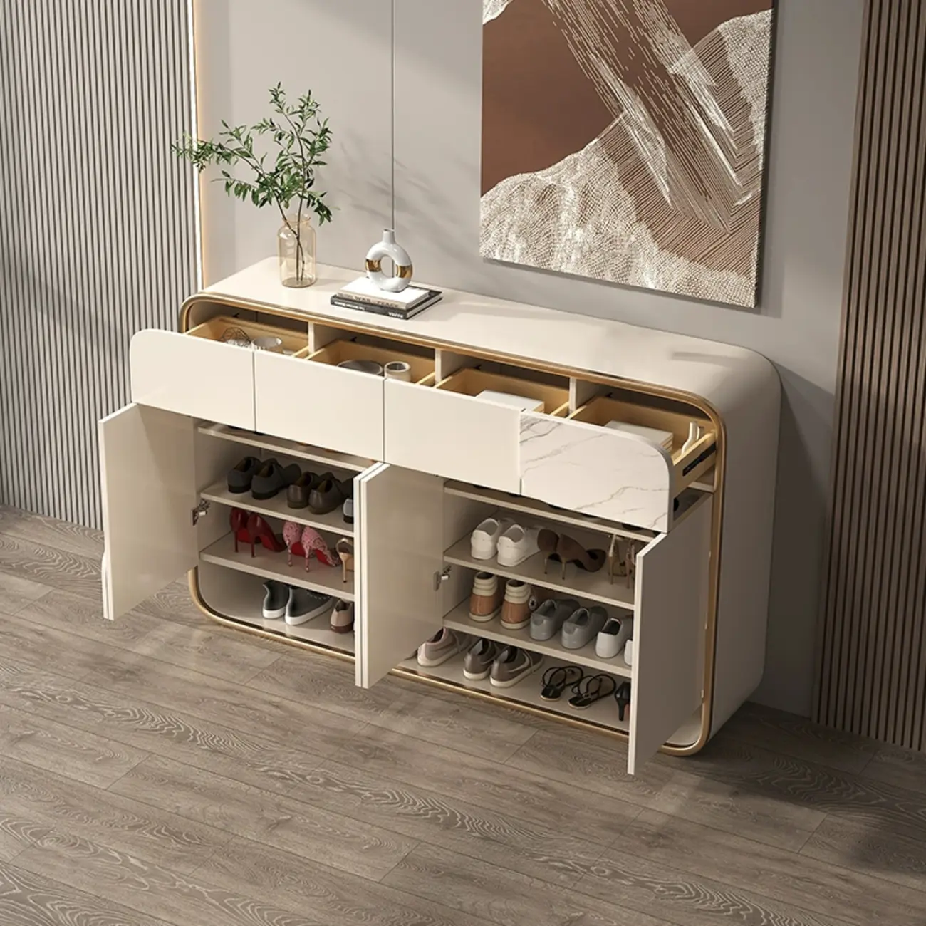 White Solid Wood Shoe Cabinet with Drawers for Entryway Image - 1 | homeyfad