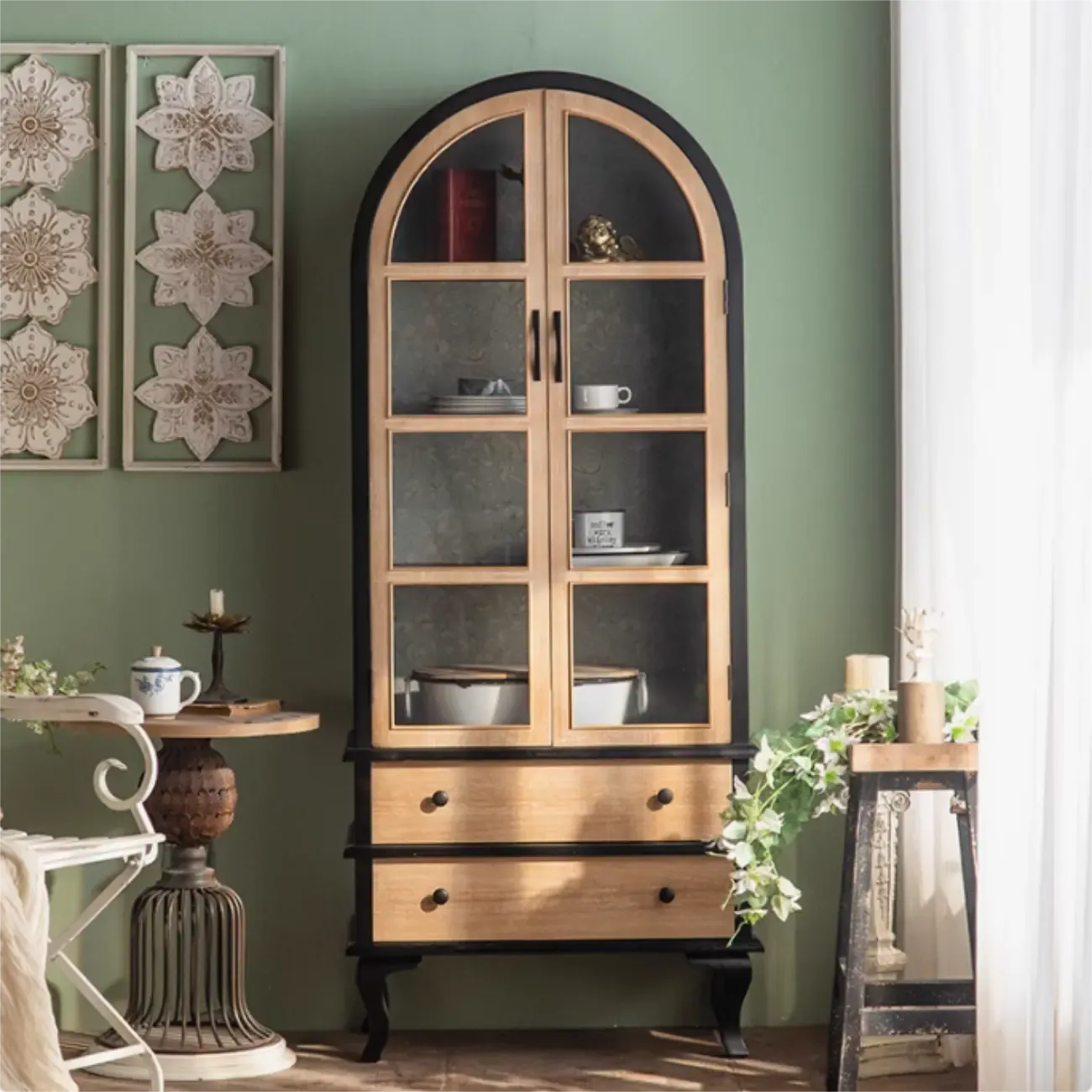 Arched Light Wood Glass Door Display Cabinet with Drawers Image - 10