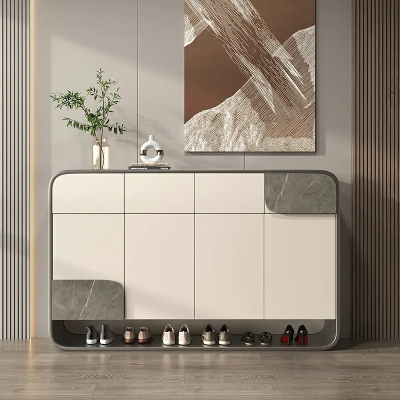 White Solid Wood Shoe Cabinet with Drawers for Entryway Image - 4