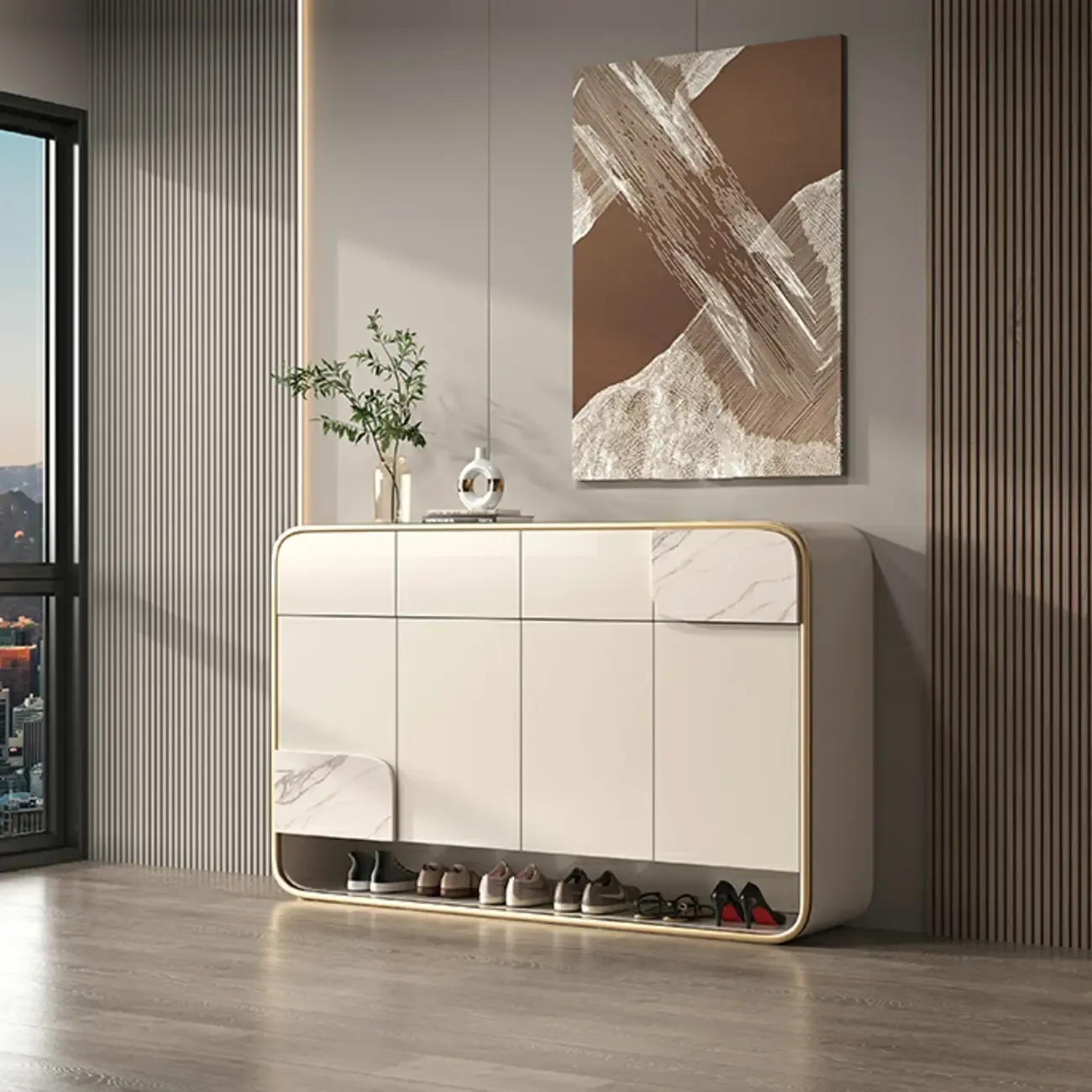 White Solid Wood Shoe Cabinet with Drawers for Entryway Image - 9