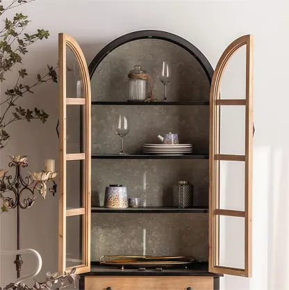 Arched Light Wood Glass Door Display Cabinet with Drawers Image - 4