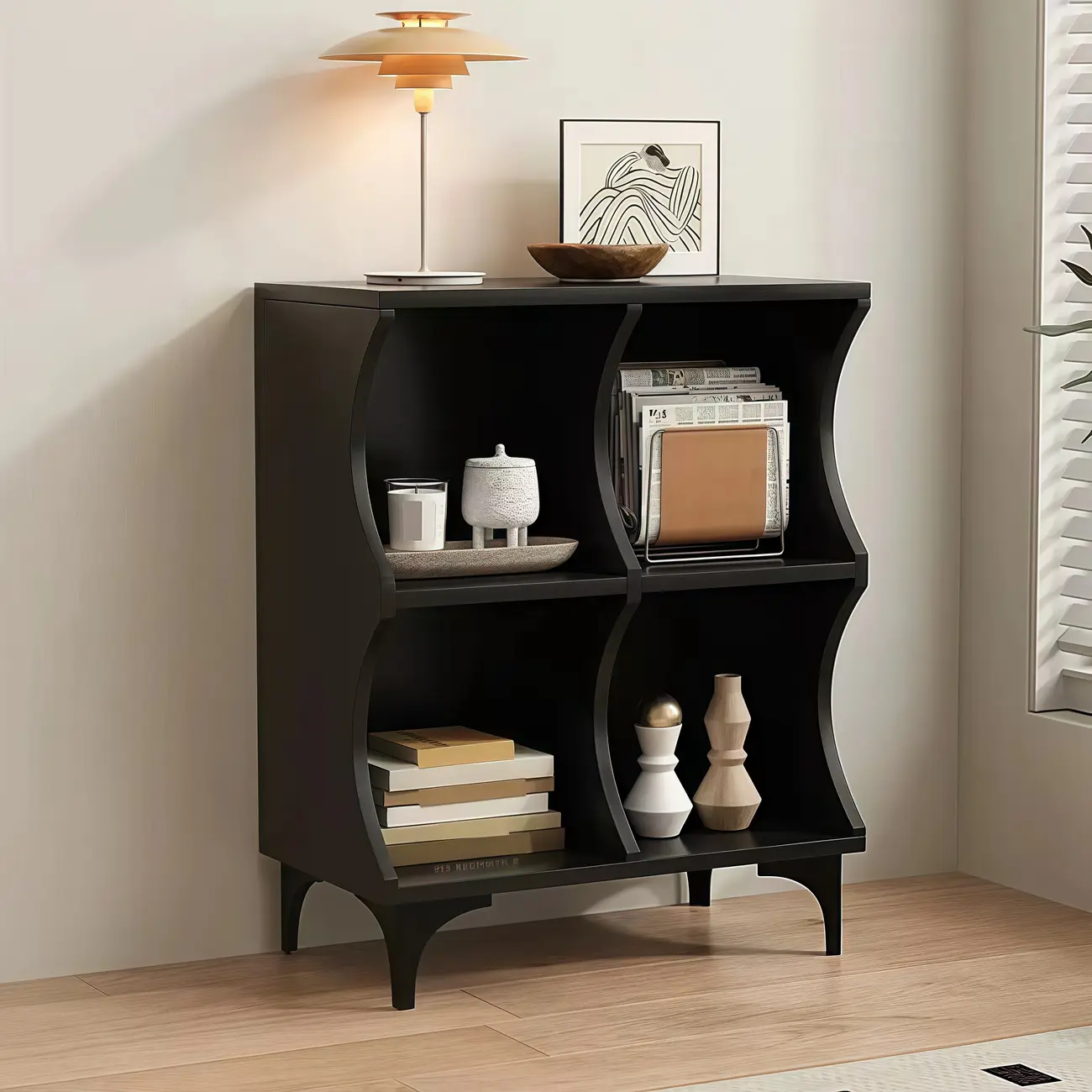 Modern Black Wooden 2-Tier Modular Cube Bookcase Image - 5 | homeyfad