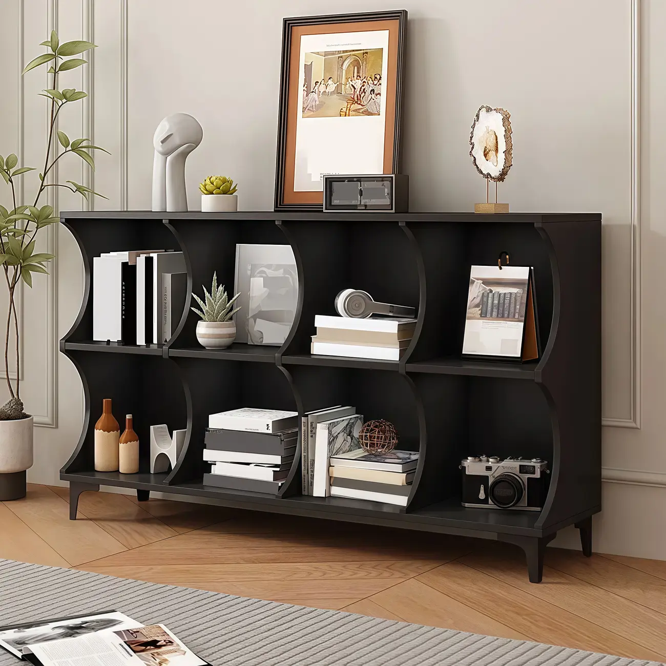 Modern Black Wooden 2-Tier Modular Cube Bookcase Image - 3 | homeyfad