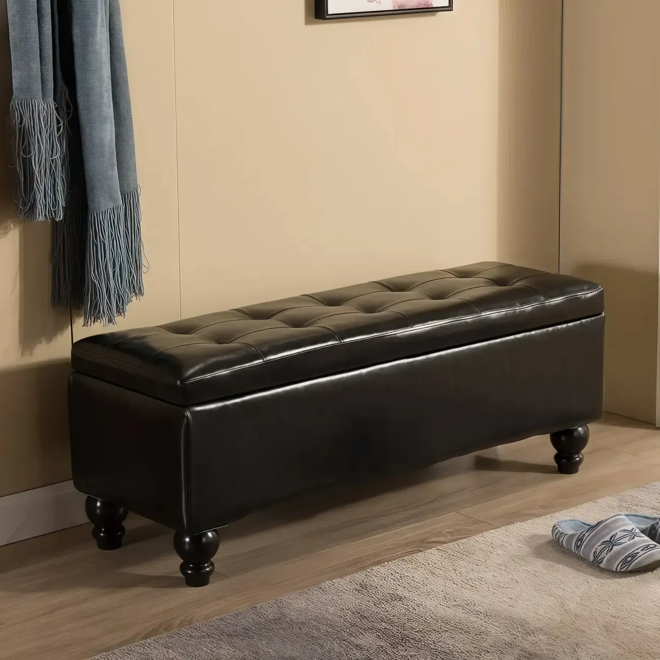 Living Room Solid Wood Leather Flip Top Entryway Bench Image - 1