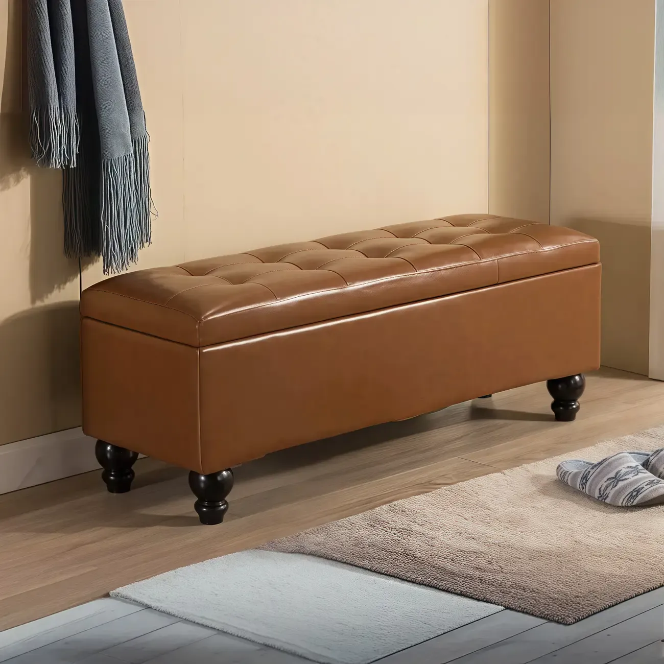Living Room Solid Wood Leather Flip Top Entryway Bench Image - 7