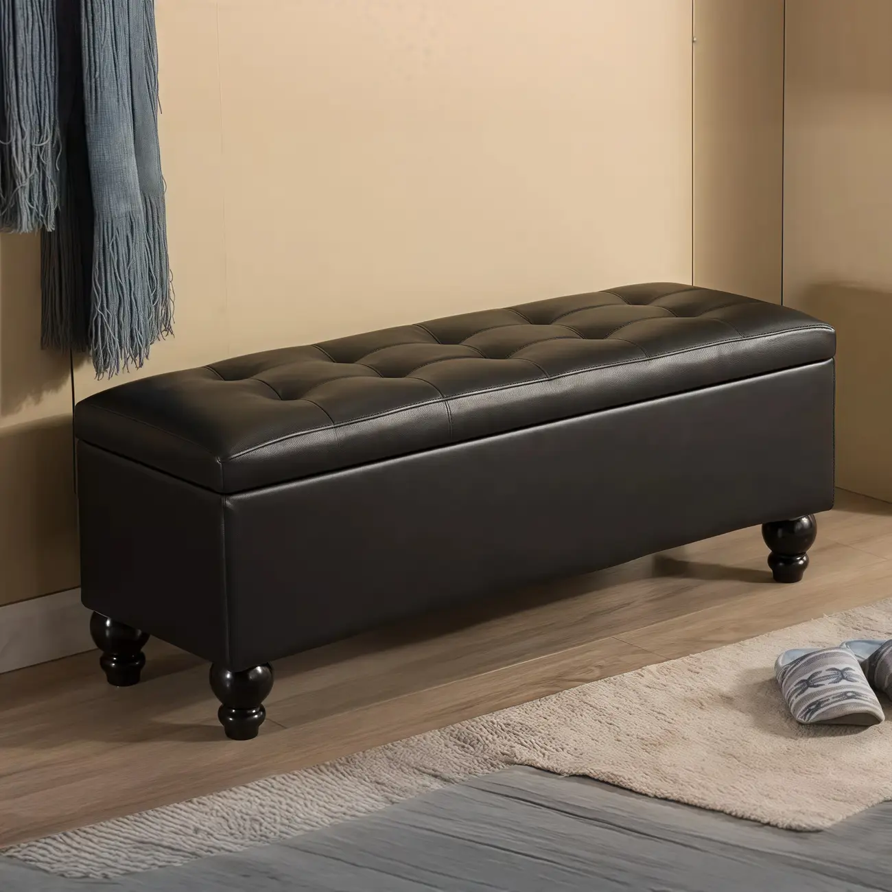 Living Room Solid Wood Leather Flip Top Entryway Bench Image - 1 | homeyfad