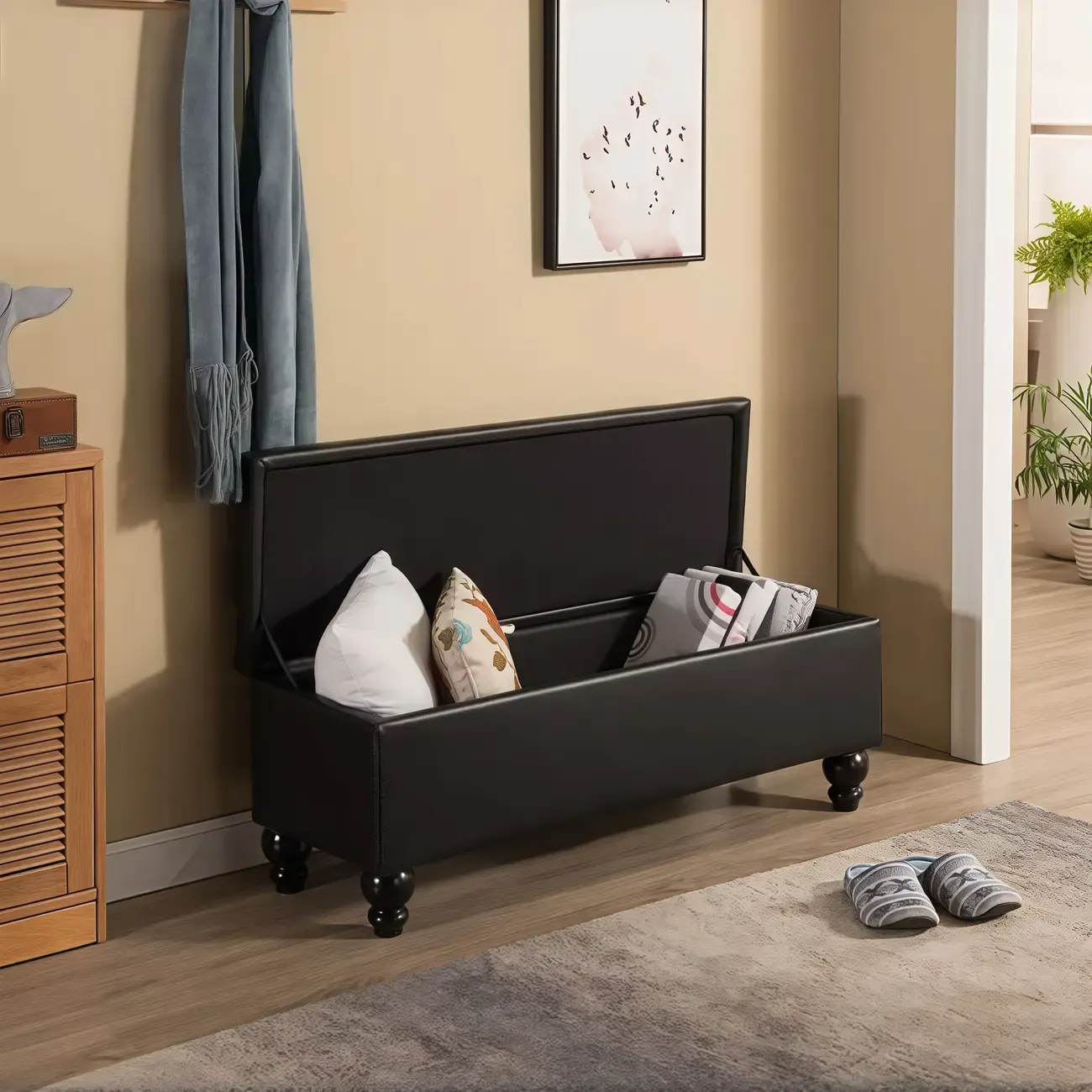 Living Room Solid Wood Leather Flip Top Entryway Bench Image - 4