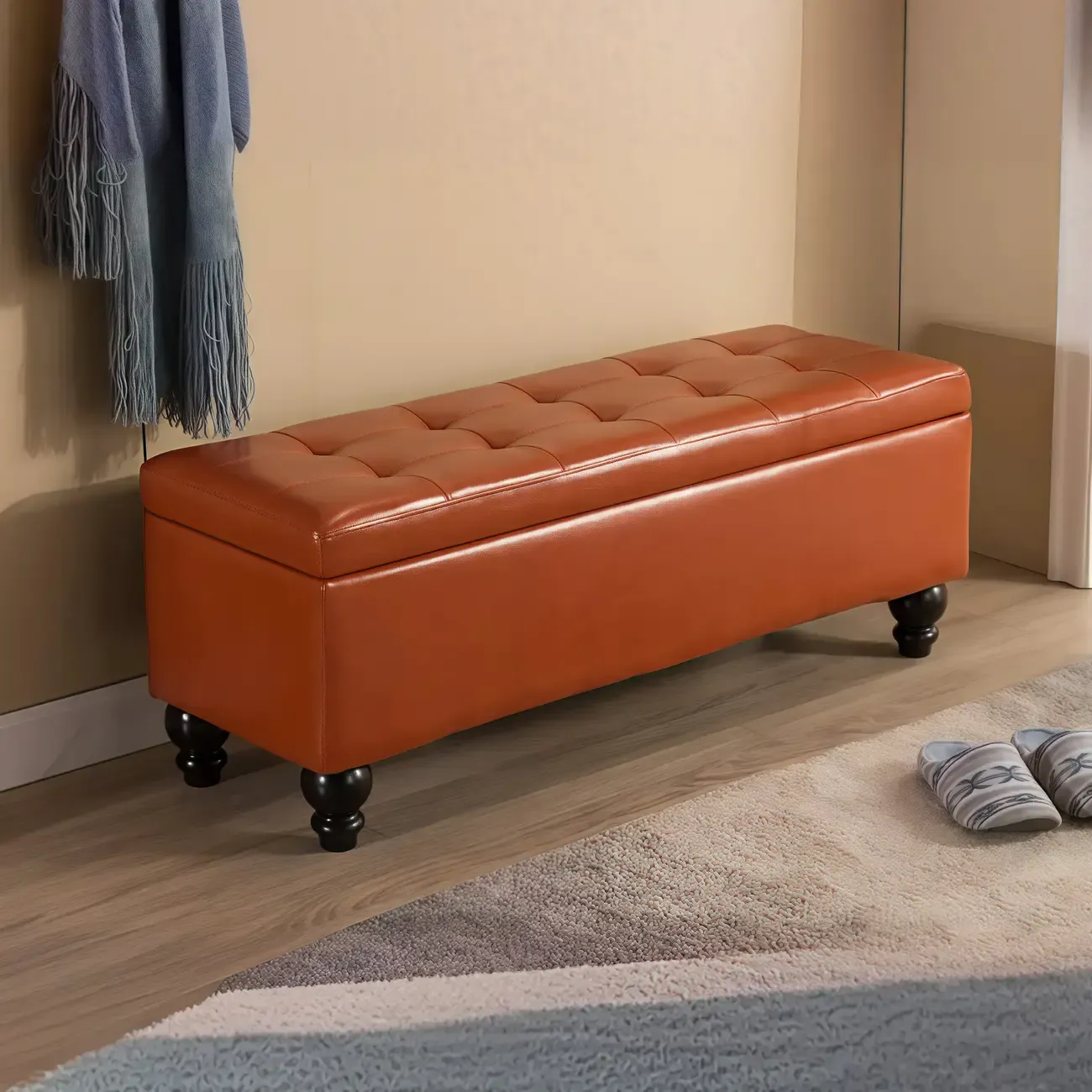 Living Room Solid Wood Leather Flip Top Entryway Bench Image - 12