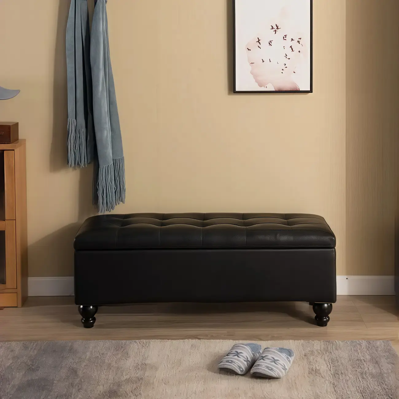 Living Room Solid Wood Leather Flip Top Entryway Bench Image - 2 | homeyfad