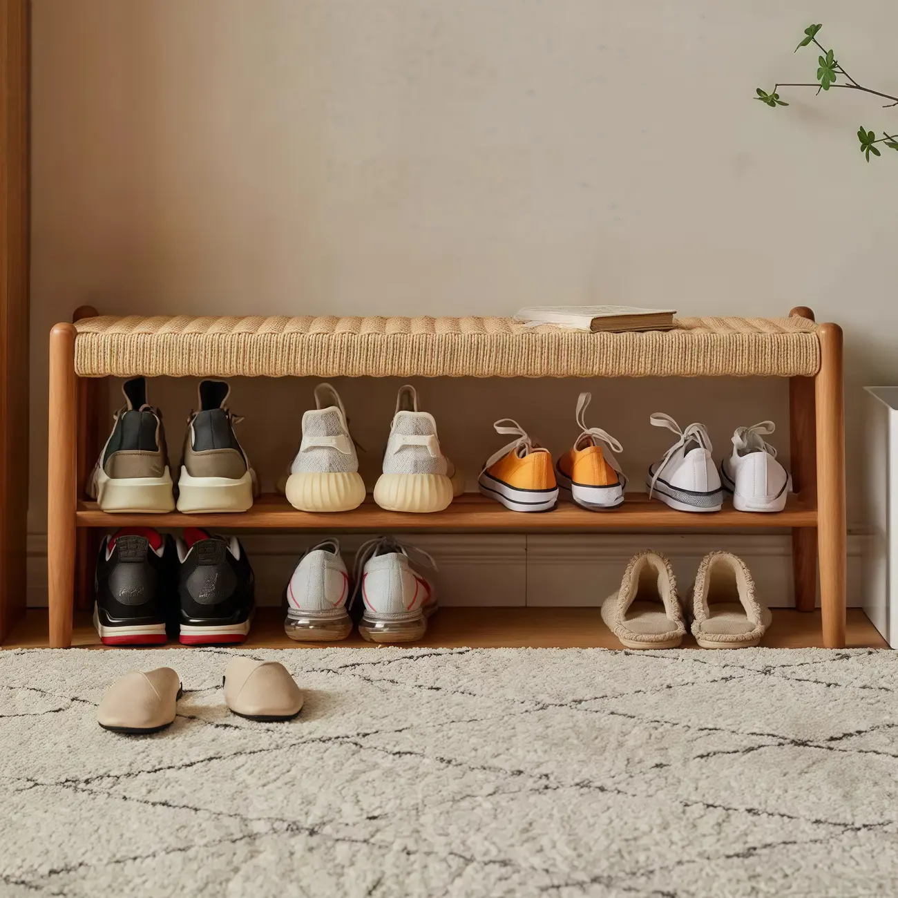 Tropical Oatmeal Rattan Accent Wood Entryway Bench with Shelf Image - 4 | homeyfad