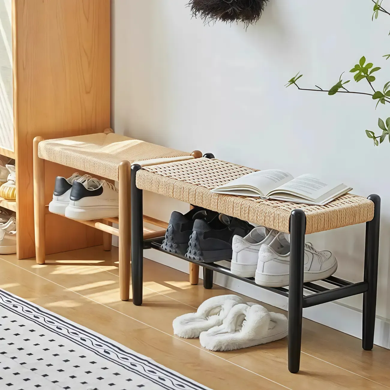 Tropical Oatmeal Rattan Accent Wood Entryway Bench with Shelf Image - 3