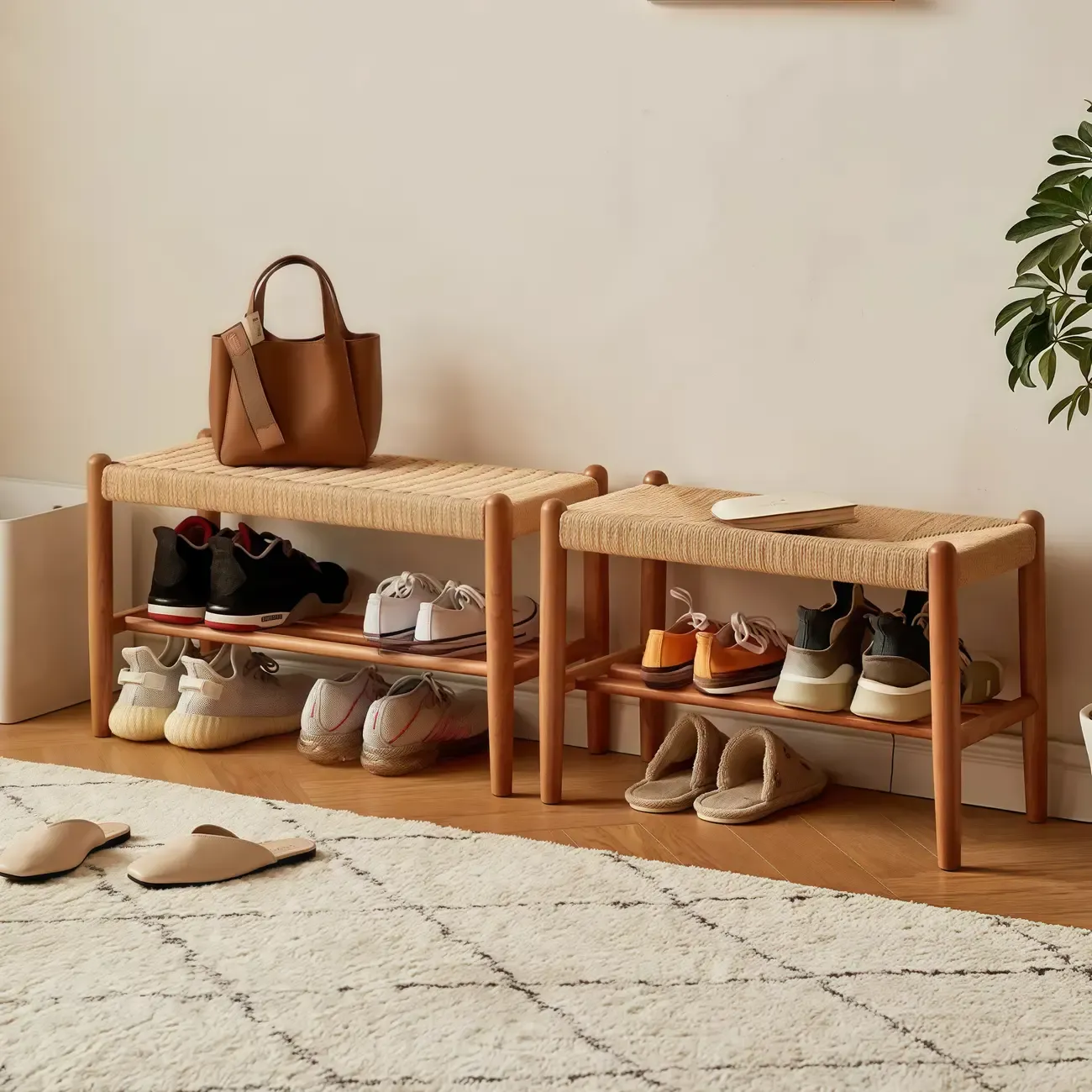 Tropical Oatmeal Rattan Accent Wood Entryway Bench with Shelf Image - 1