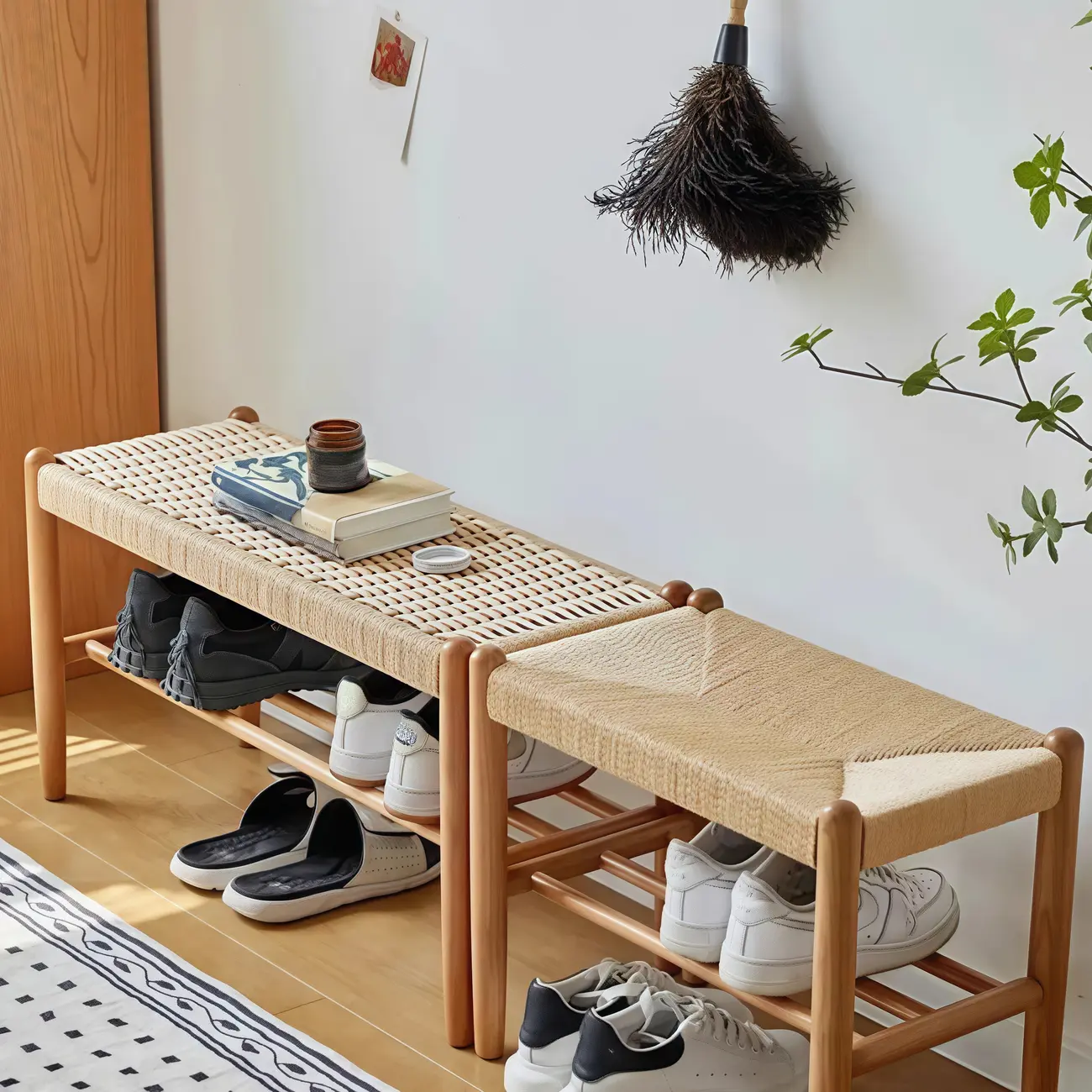 Tropical Oatmeal Rattan Accent Wood Entryway Bench with Shelf Image - 5 | homeyfad