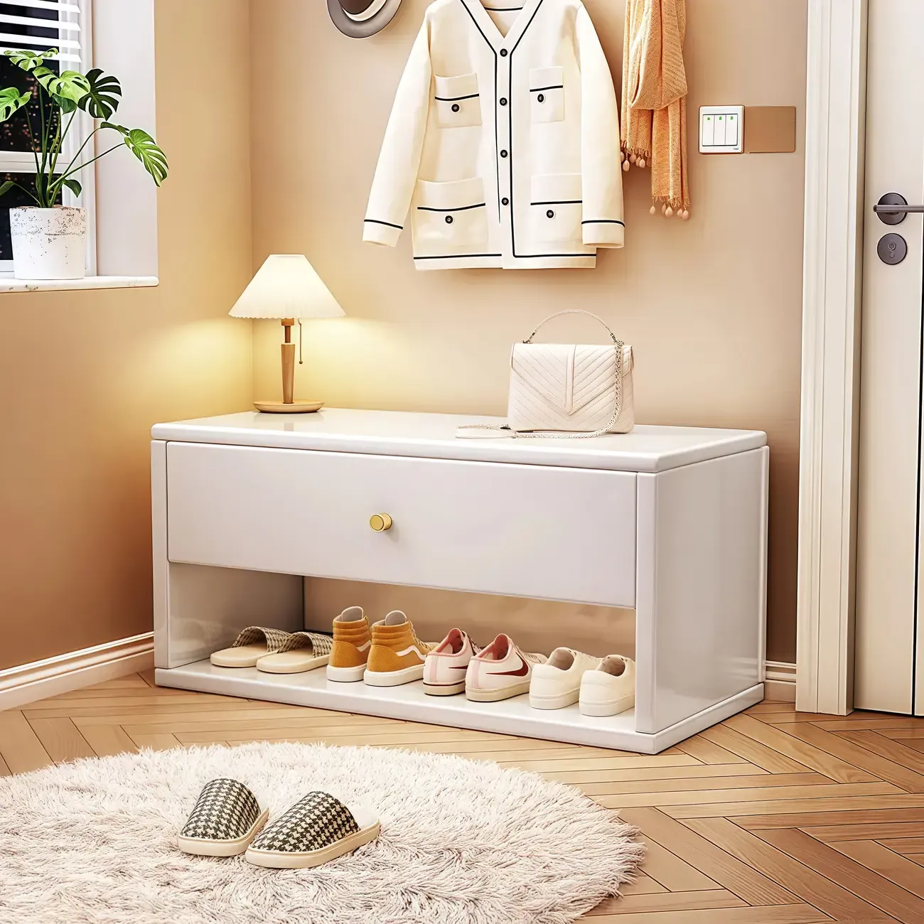 Compact Walnut Wood Storage Entryway Bench with Drawer Image - 1