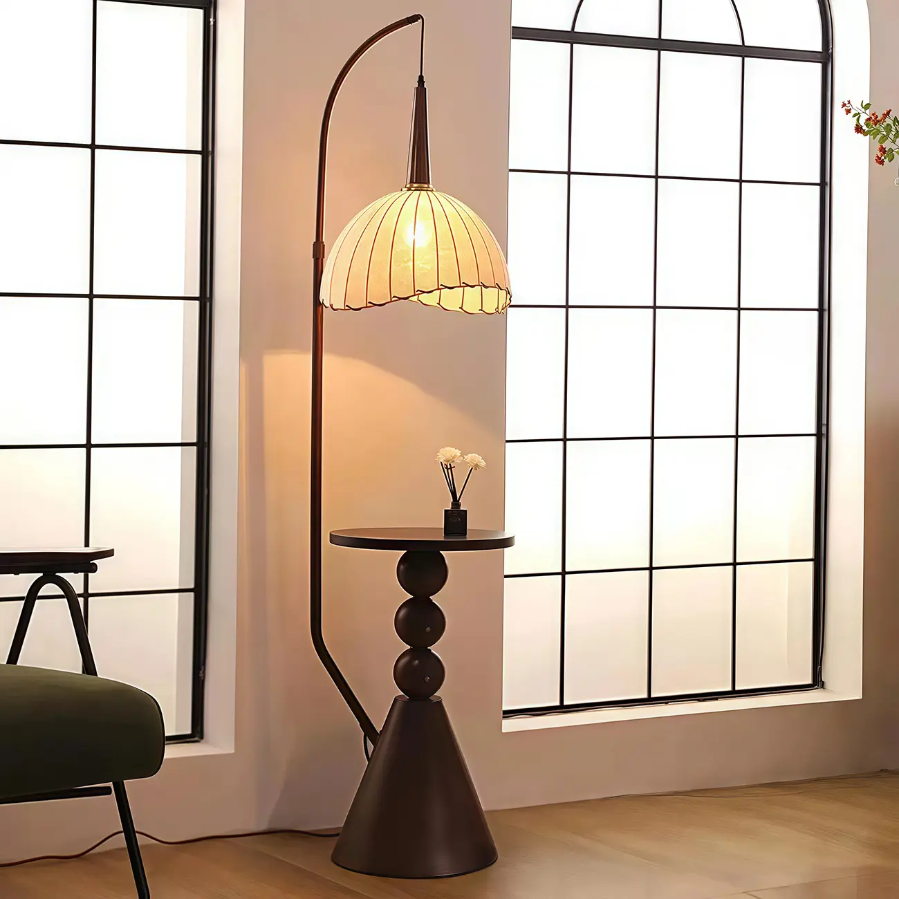 Adjustable Wooden Beige Dome Arc Floor Lamp with Table Image - 1 | homeyfad